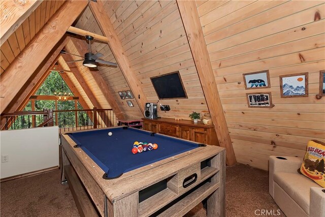 recreation room featuring pool table, carpet, and wood walls