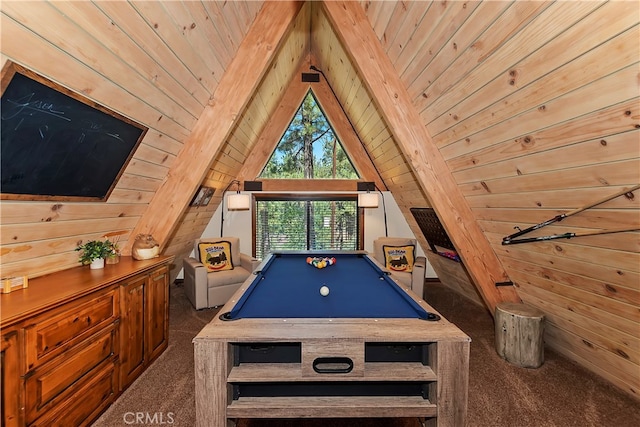 rec room with billiards, wood walls, wooden ceiling, dark carpet, and vaulted ceiling with beams