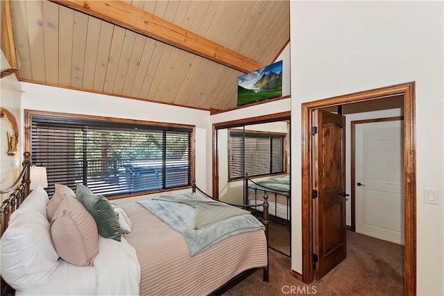 bedroom with vaulted ceiling with beams, carpet, and wooden ceiling