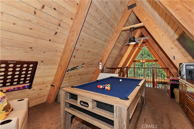 rec room featuring lofted ceiling with beams, wood walls, carpet, and wood ceiling