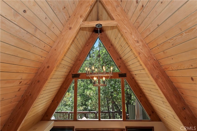 room details with an inviting chandelier, wood ceiling, and wood walls