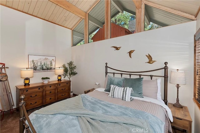 bedroom with high vaulted ceiling, beamed ceiling, wooden ceiling, and carpet floors