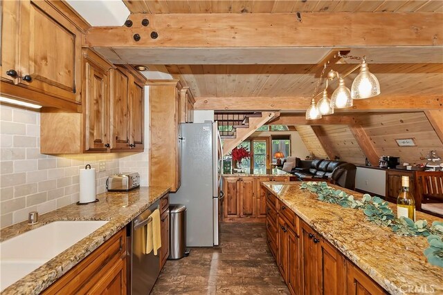 kitchen featuring hanging light fixtures, beam ceiling, stainless steel appliances, wooden ceiling, and dark hardwood / wood-style flooring