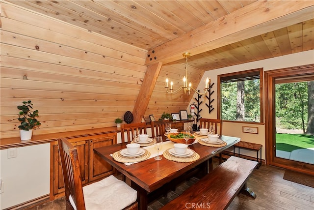 dining space featuring dark wood-type flooring, wooden ceiling, a notable chandelier, and lofted ceiling with beams