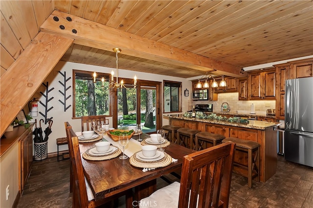 dining area featuring wood ceiling, dark wood-type flooring, beamed ceiling, sink, and a notable chandelier