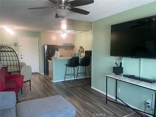 living room with ceiling fan, dark hardwood / wood-style floors, sink, and a textured ceiling