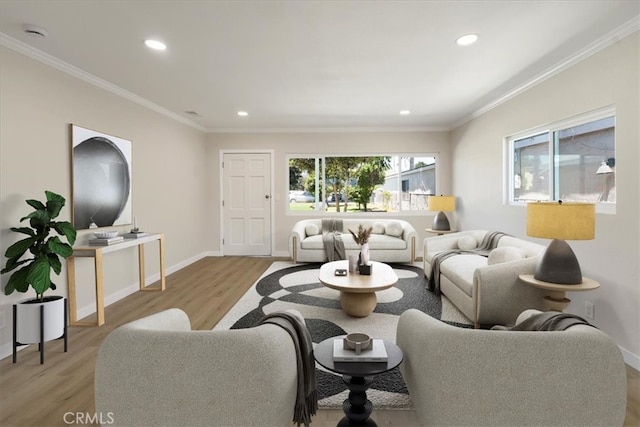 living room with light wood-type flooring and crown molding