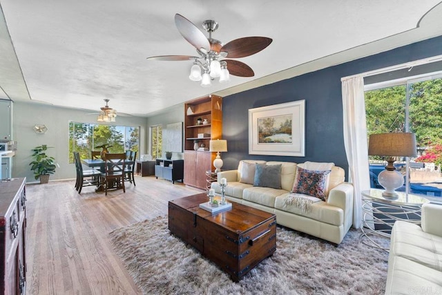 living room with ceiling fan, light hardwood / wood-style flooring, and a healthy amount of sunlight