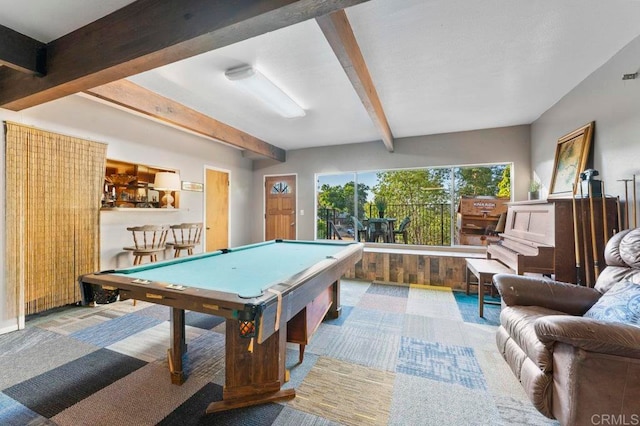 playroom with carpet floors, beamed ceiling, and pool table