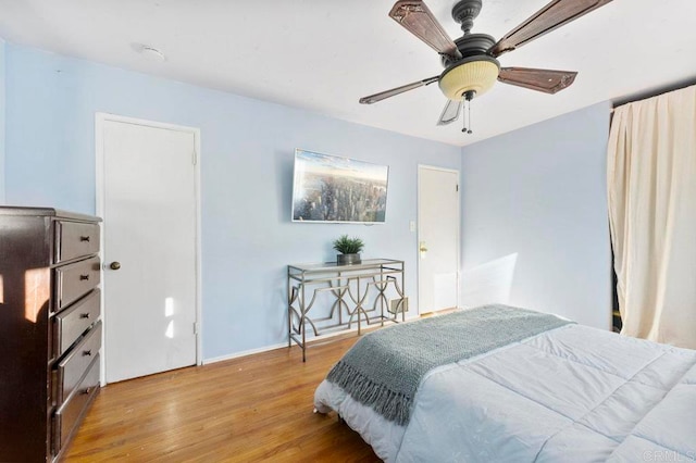 bedroom featuring ceiling fan and light wood-type flooring