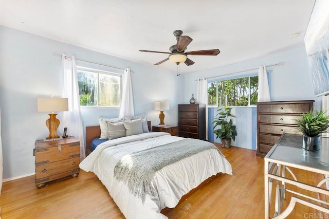 bedroom featuring light wood-type flooring and ceiling fan