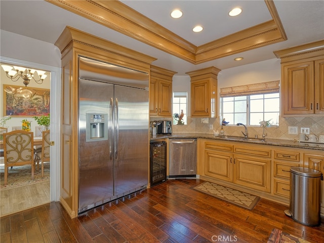 kitchen featuring appliances with stainless steel finishes, decorative backsplash, a raised ceiling, dark hardwood / wood-style flooring, and sink