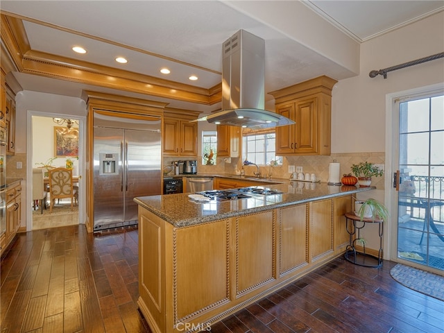 kitchen featuring stainless steel appliances, kitchen peninsula, island range hood, and dark wood-type flooring