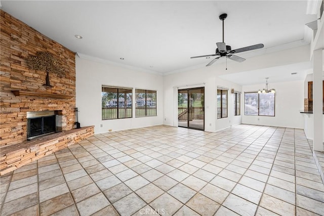 unfurnished living room with a stone fireplace, crown molding, light tile patterned floors, and ceiling fan with notable chandelier