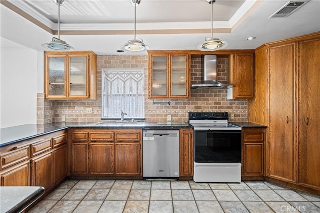 kitchen featuring stainless steel dishwasher, white range with electric stovetop, pendant lighting, and wall chimney range hood