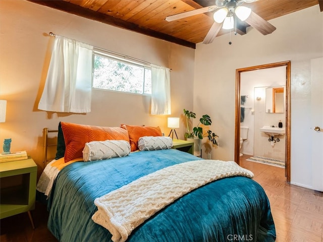 bedroom featuring wood ceiling, beam ceiling, ceiling fan, and light parquet floors