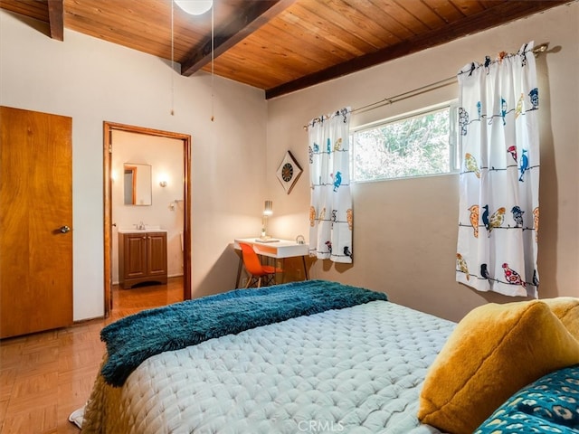 bedroom featuring parquet floors, ensuite bath, beam ceiling, and wooden ceiling