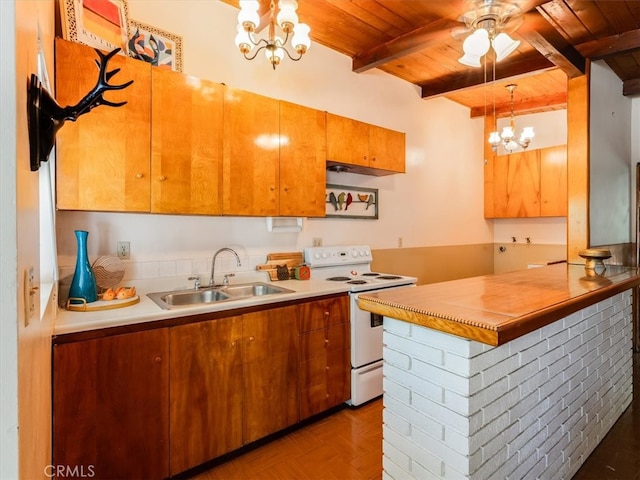 kitchen with wood ceiling, beamed ceiling, white range with electric stovetop, decorative light fixtures, and sink