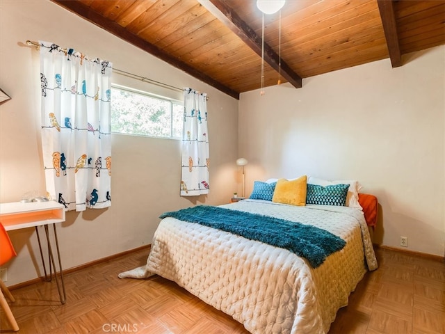 bedroom featuring wooden ceiling, light parquet floors, and lofted ceiling with beams