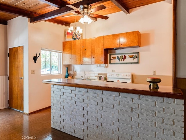 kitchen featuring wood ceiling, kitchen peninsula, beamed ceiling, white range with electric stovetop, and sink