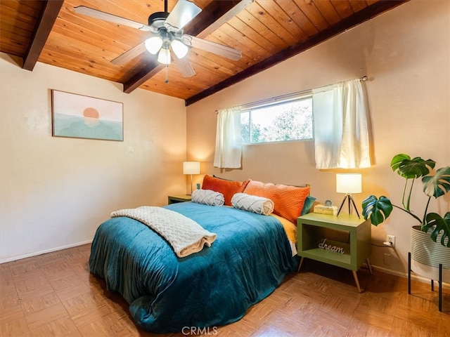 bedroom with parquet flooring, wood ceiling, lofted ceiling with beams, and ceiling fan