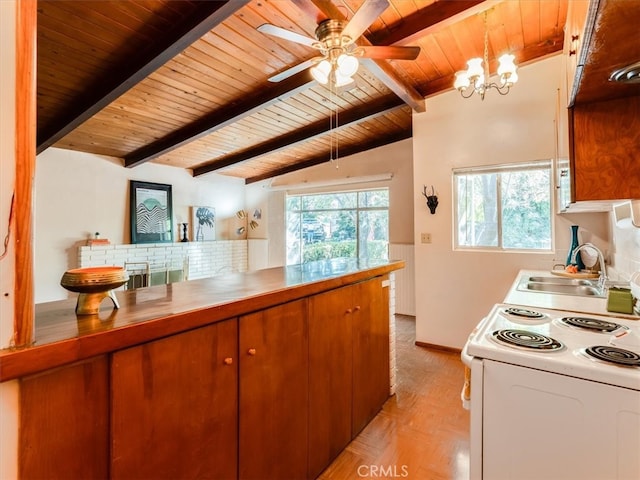 kitchen with wood ceiling, sink, ceiling fan with notable chandelier, hanging light fixtures, and vaulted ceiling with beams