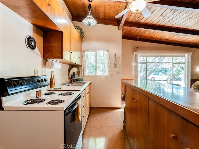 kitchen with ceiling fan, vaulted ceiling with beams, hanging light fixtures, light hardwood / wood-style flooring, and white range with electric stovetop