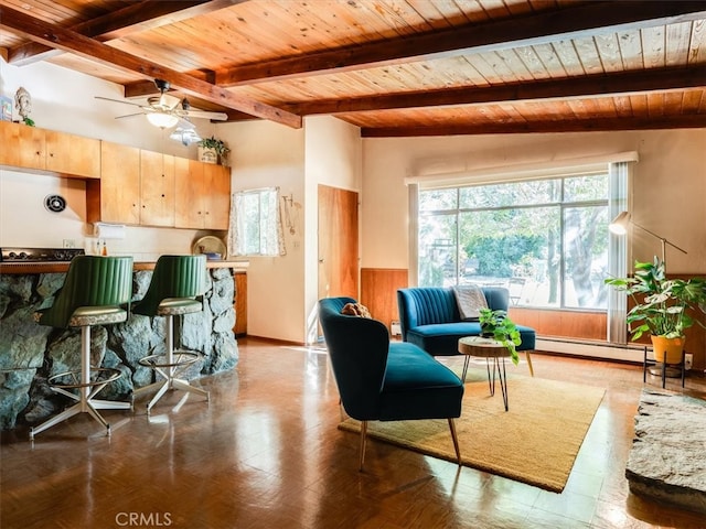 living room with vaulted ceiling with beams, wood ceiling, ceiling fan, and a baseboard radiator