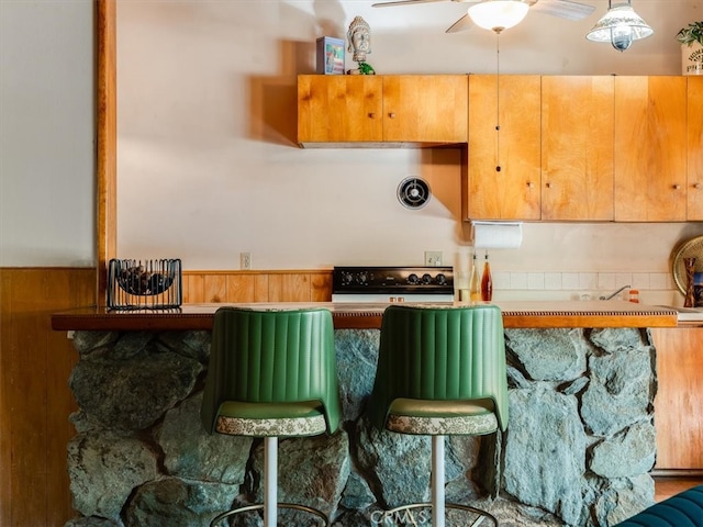 kitchen featuring ceiling fan, pendant lighting, and black range