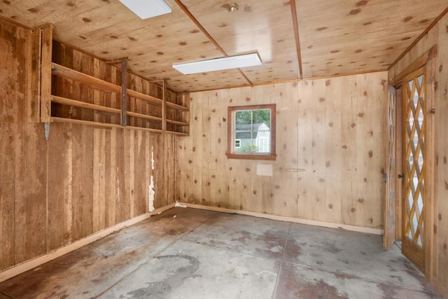 unfurnished room featuring wood walls and wooden ceiling