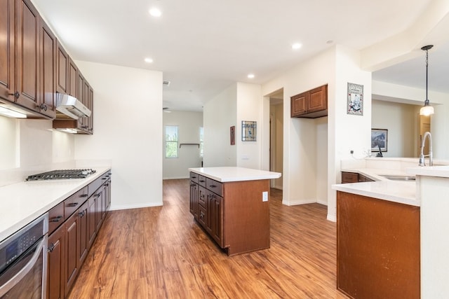 kitchen with appliances with stainless steel finishes, hanging light fixtures, light hardwood / wood-style floors, a center island, and sink