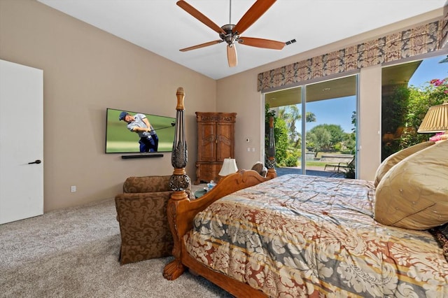 carpeted bedroom with access to exterior and ceiling fan