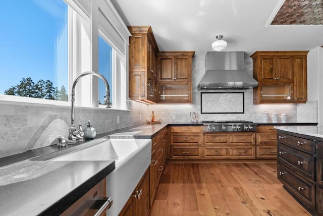 kitchen featuring wall chimney exhaust hood, decorative backsplash, sink, and light hardwood / wood-style flooring