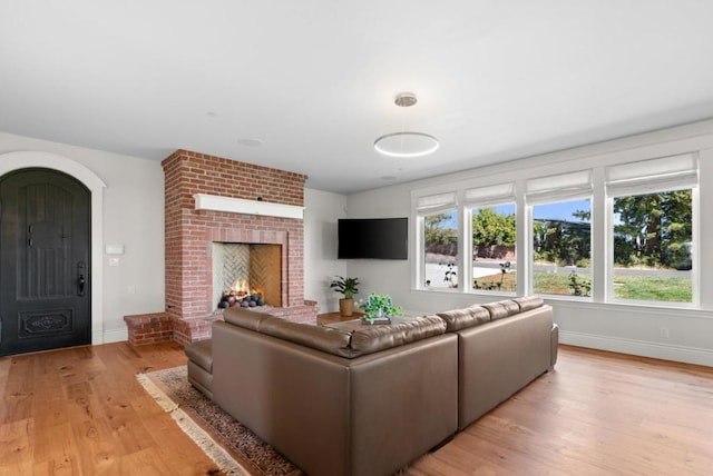 living room featuring light hardwood / wood-style floors and a fireplace