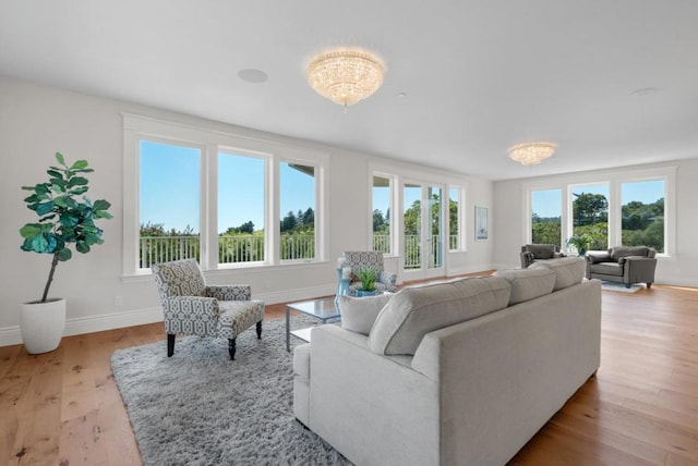 living room featuring light hardwood / wood-style floors, a healthy amount of sunlight, and a notable chandelier