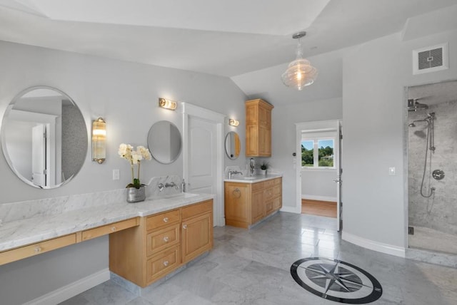 bathroom with vanity, an enclosed shower, and vaulted ceiling