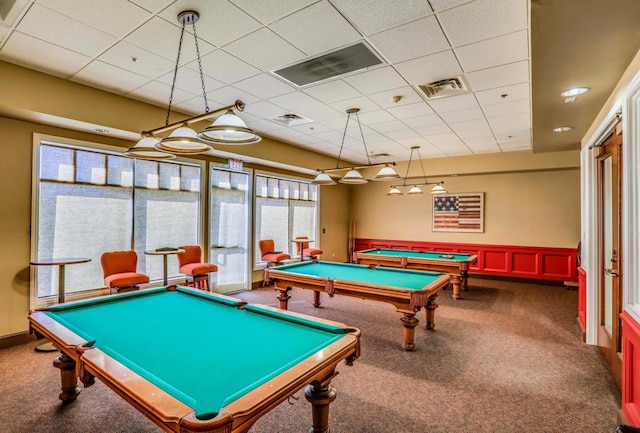 game room featuring carpet floors, a paneled ceiling, and billiards