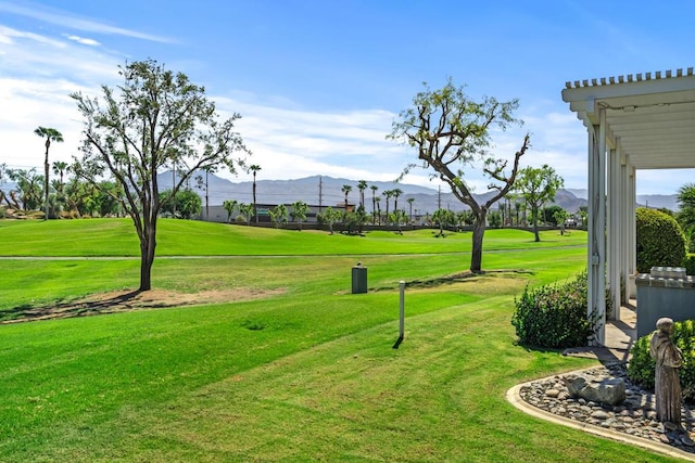 view of community with a mountain view and a lawn