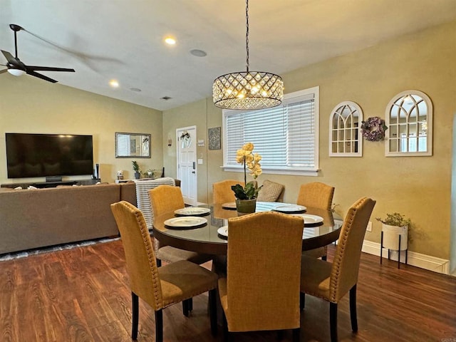 dining space featuring dark hardwood / wood-style floors, a healthy amount of sunlight, and ceiling fan