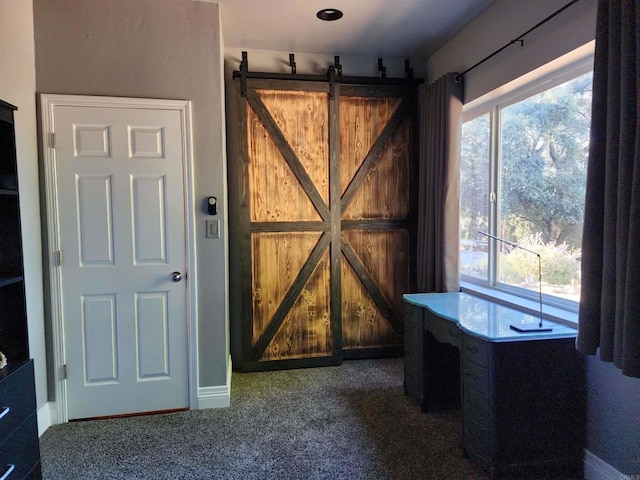 interior space featuring a barn door, dark colored carpet, and a healthy amount of sunlight