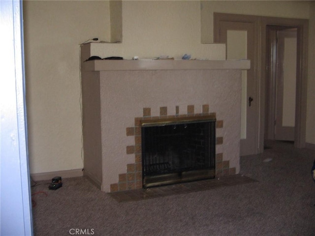 room details with carpet floors and a fireplace