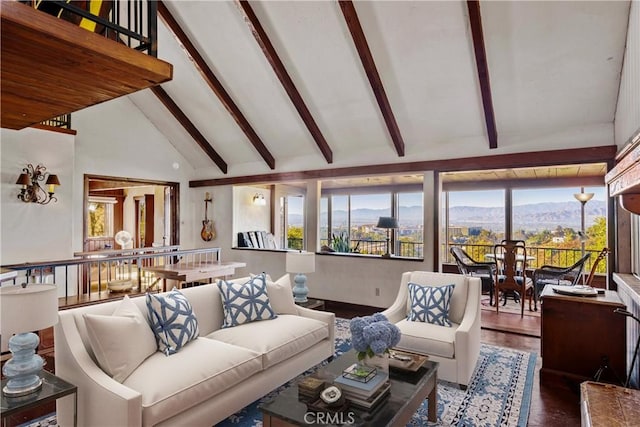 living room featuring a mountain view, beam ceiling, wood-type flooring, and high vaulted ceiling