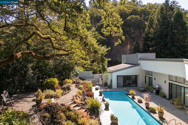 view of swimming pool featuring a patio area and grilling area