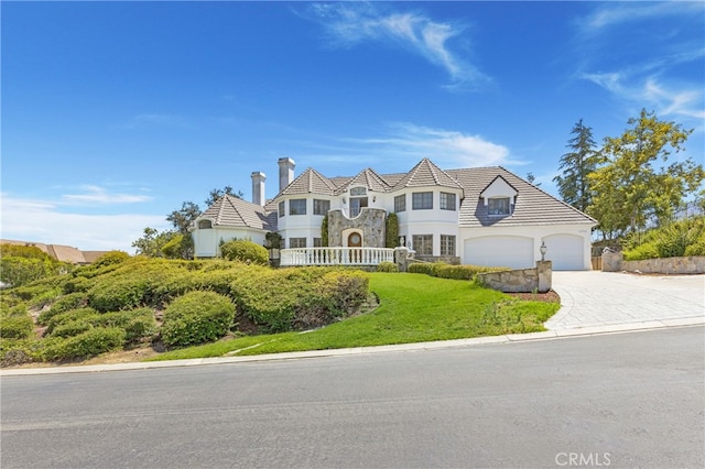 view of front facade with a front yard and a garage