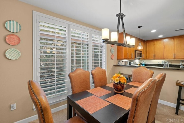 dining area with recessed lighting, visible vents, baseboards, and light tile patterned flooring