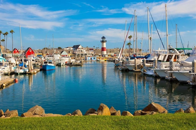 view of water feature with a boat dock