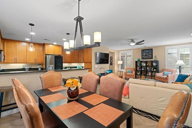 dining area with light tile patterned floors, visible vents, recessed lighting, and ceiling fan