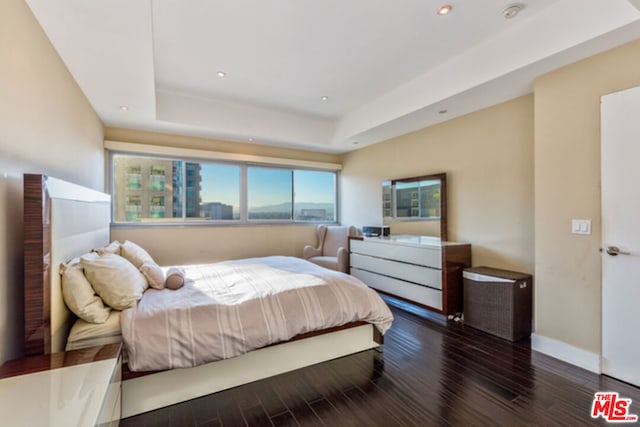 bedroom featuring a raised ceiling and dark hardwood / wood-style floors