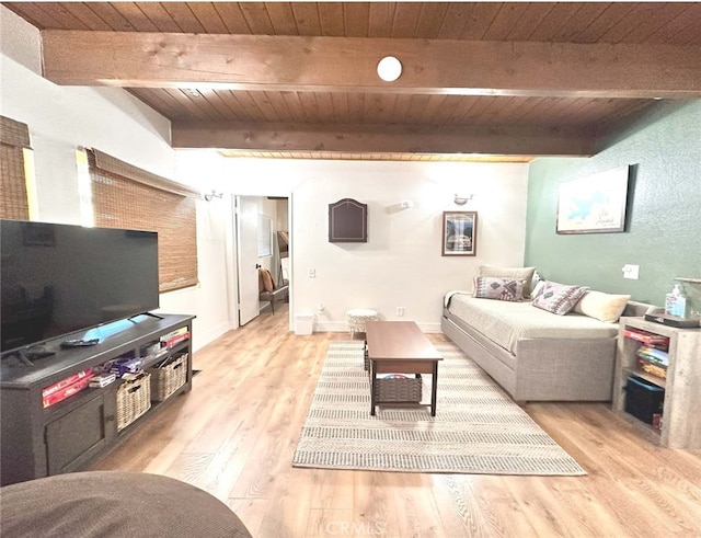 living room featuring wood ceiling, beam ceiling, and light hardwood / wood-style floors