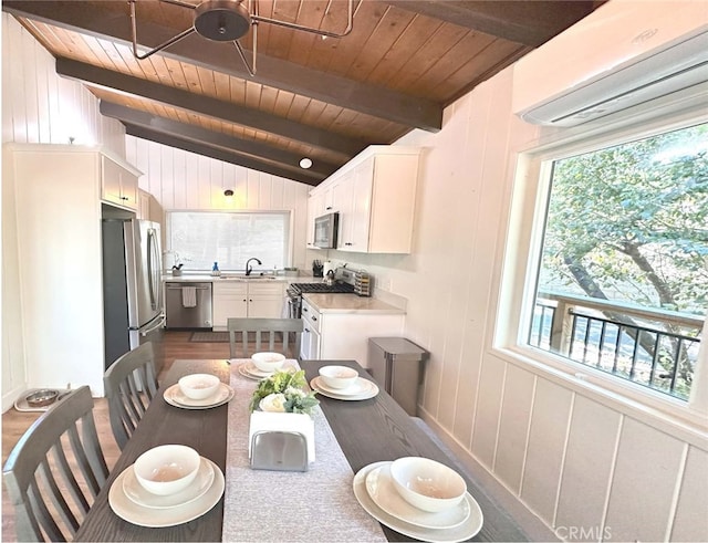 dining room featuring vaulted ceiling with beams, wood ceiling, sink, hardwood / wood-style floors, and an AC wall unit